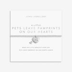 Joma jewellery beaded stretch bracelet with solid heart charm with engraved, textured pawprint presented on a foil stamped sentiment card.