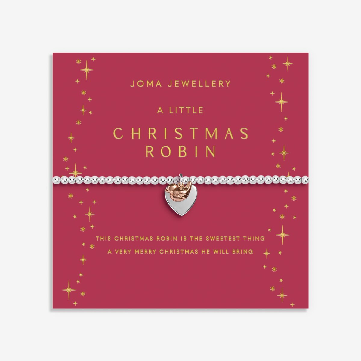 Christmas robin Joma Jewellery bracelet presented on festive sentiment card.
