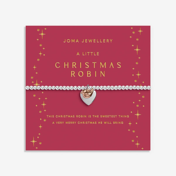 Christmas robin Joma Jewellery bracelet presented on festive sentiment card.