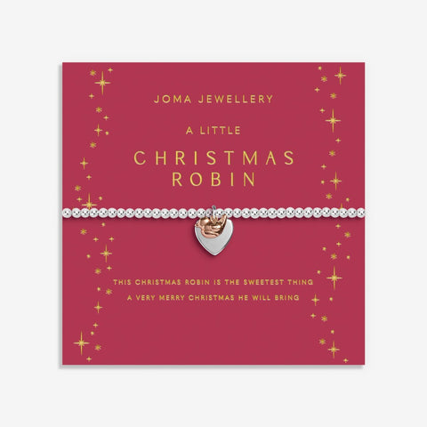 Christmas robin Joma Jewellery bracelet presented on festive sentiment card.