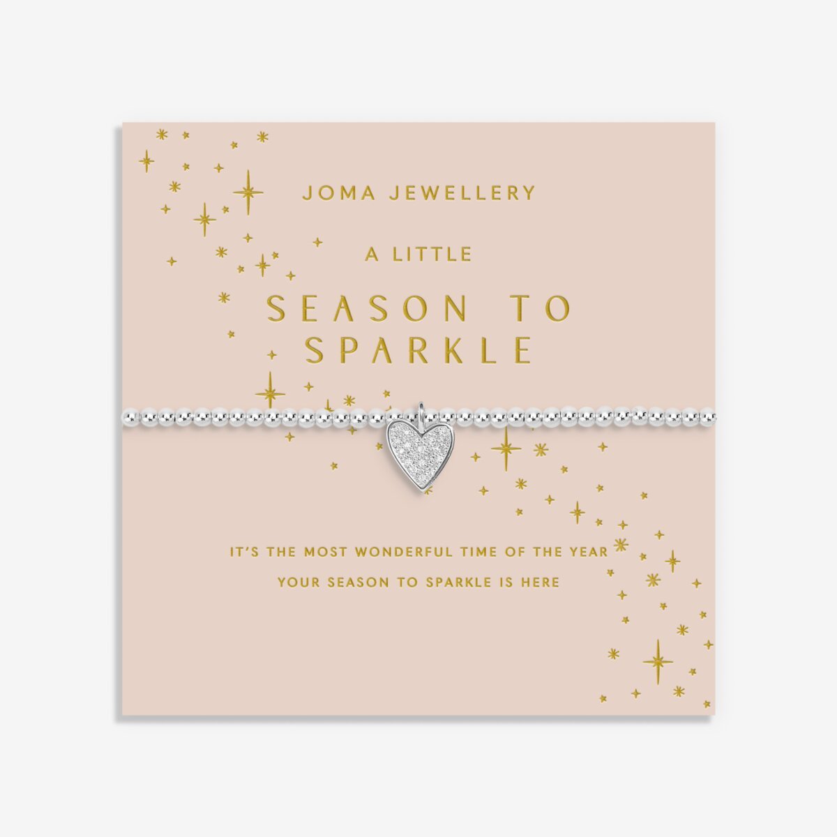 Joma Jewellery Christmas Season To Sparkle beaded bracelet with haning heart charm presented on festive sentiment card.