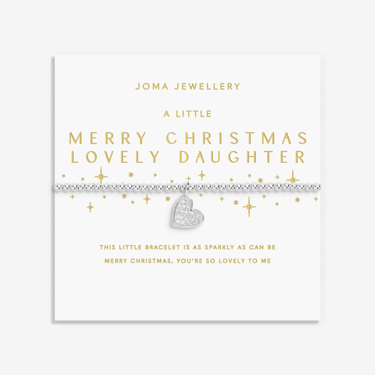 Merry Christmas Lovely Daughter Joma bracelet with silver plated beads and sparkling hanging heart charm.