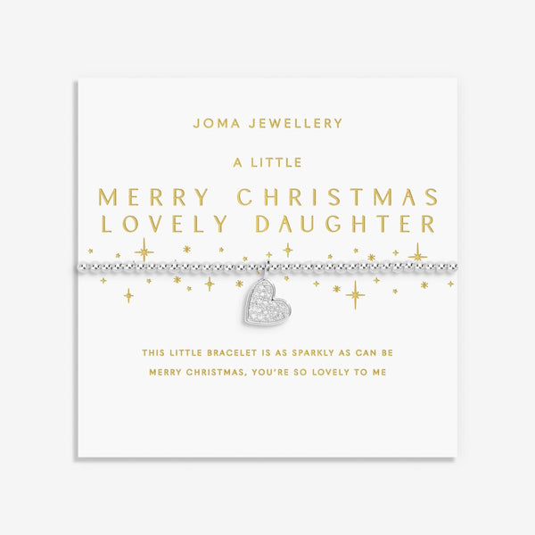 Merry Christmas Lovely Daughter Joma bracelet with silver plated beads and sparkling hanging heart charm.