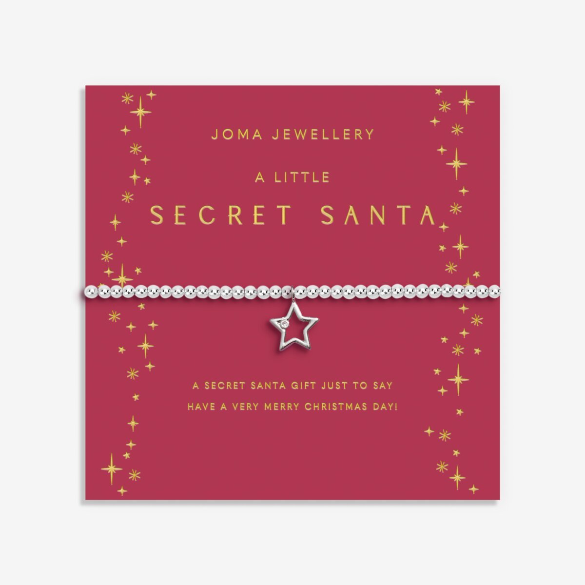 Joma Jewellery stretch beaded bracelet for Secret Santa with open star charm and presented on a festive gifting card.