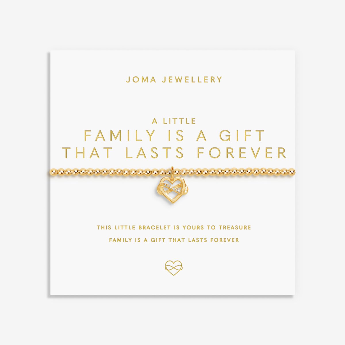 Gold plated Joma Jewellery bracelet with open heart hanging charm with infinity symbol and sparkle detail. Presented on a foil stamped sentiment card.