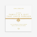 Gold plated Joma Jewellery bracelet with open heart hanging charm with infinity symbol and sparkle detail. Presented on a foil stamped sentiment card.