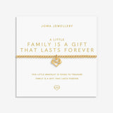 Gold plated Joma Jewellery bracelet with open heart hanging charm with infinity symbol and sparkle detail. Presented on a foil stamped sentiment card.