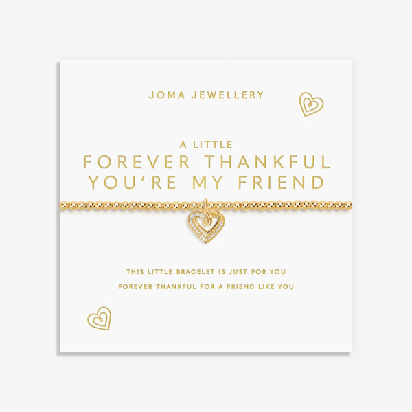 Gold plated Joma Jewellery bracelet for a friend with an open heart hanging charm with sparkle detail. Presented on a foil stamped sentiment card.