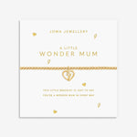 Gold plated Joma Jewellery bracelet with open hanging heart charm with sparkling lightning bolt. Presented on a foil stamped sentiment card.