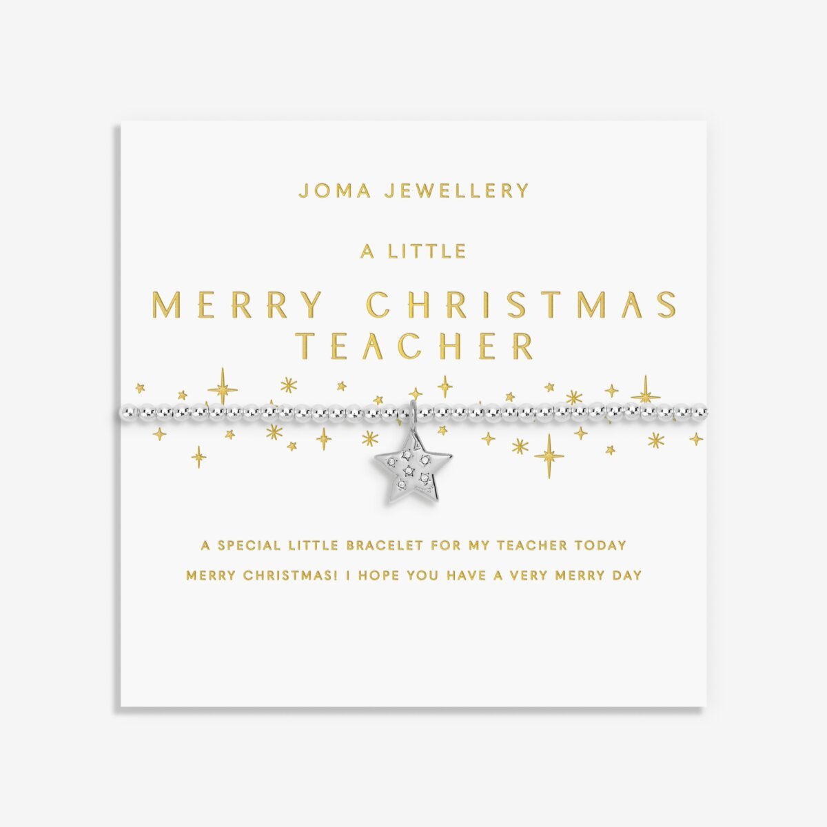 Joma Jewellery Merry Christmas teacher silver plated beaded bracelet with sparkling hanging star charm presented on festive gifting card.