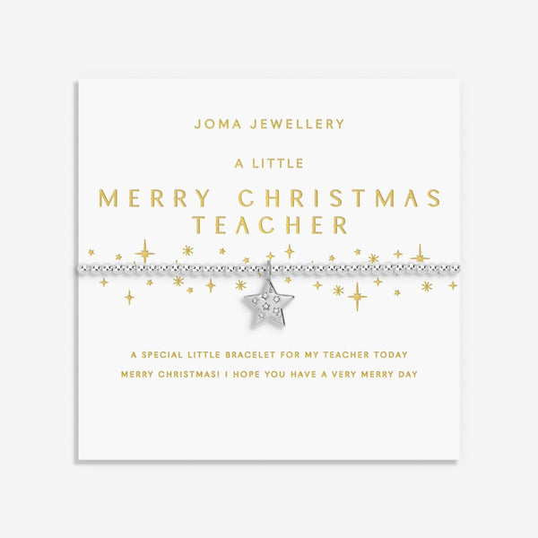 Joma Jewellery Merry Christmas teacher silver plated beaded bracelet with sparkling hanging star charm presented on festive gifting card.