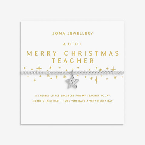 Joma Jewellery Merry Christmas teacher silver plated beaded bracelet with sparkling hanging star charm presented on festive gifting card.
