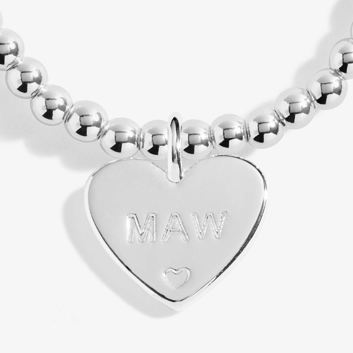 Joma Jewellery 'a little' bracelet with pretty little charm, presented on a sentiment card which reads:  'this little bracelet is just to say you're a wonderful Maw in every way'