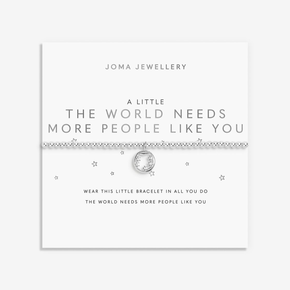 Joma Jewellery silver plated stretch beaded bracelet with hanging charm featuring 5 sparkling stars presented on a sentiment card.