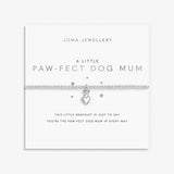 beaded silver bracelet with silver charm of a dog sitting on a heart presented on a white sentiment card embossed with silver foil elements. the card reads 'a little paw-fect dog mum'