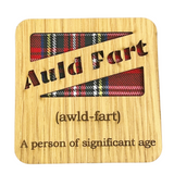 Scottish Auld Fart square coaster with tartan insert, oak veneer and felt backing.