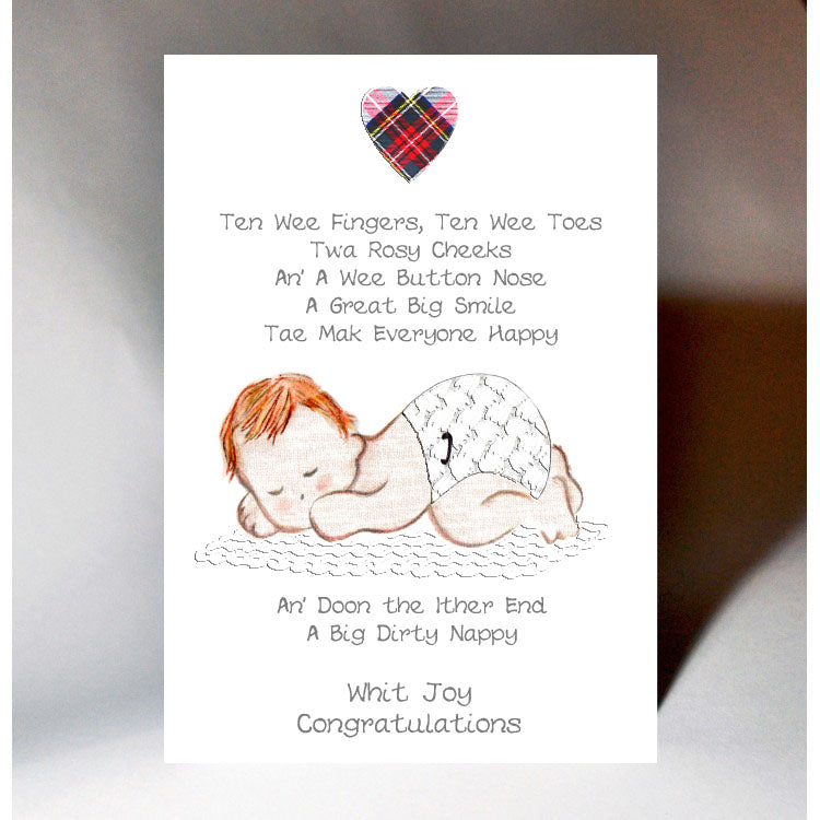 Scottish Baby Card featuring 'Ten Wee Fingers, Ten Wee Toes Poem and sleeping baby design.