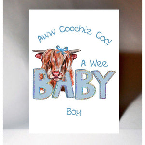 Scottish 'A Wee Baby Boy' Card featuring a highland cow with tartan hair bow design
