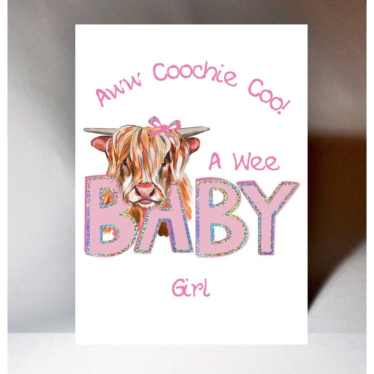 Scottish 'A Wee Baby Girl' Card featuring a highland cow with tartan hair bow design