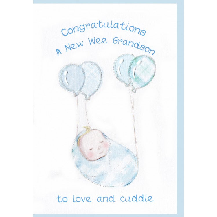 Scottish 'A New Wee Grandson To Love and Cuddle' Card featuring a sleeping baby with tartan balloons design.