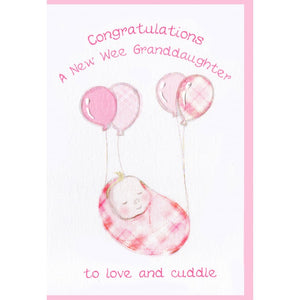 Scottish 'A New Wee Granddaughter To Love and Cuddle' Card featuring a sleeping baby with tartan balloons design.