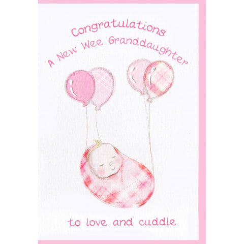 Scottish 'A New Wee Granddaughter To Love and Cuddle' Card featuring a sleeping baby with tartan balloons design.