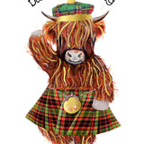 Scottish birthday card with highland cow wearing kilt that says 'Daein' A Wee Jig Fur Yer Birthday'. With liquid gold accent and luxury finish.
