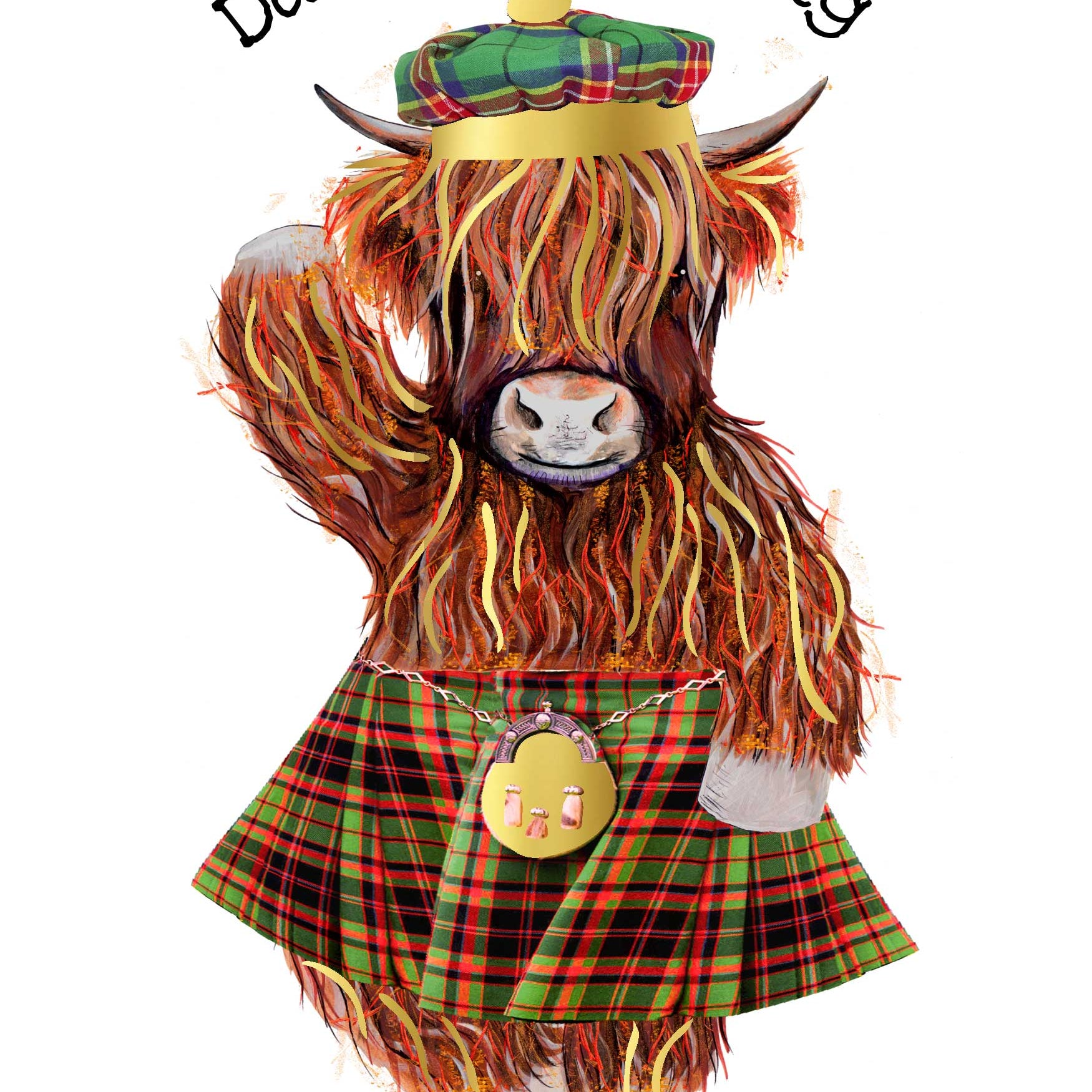 Scottish birthday card with highland cow wearing kilt that says 'Daein' A Wee Jig Fur Yer Birthday'. With liquid gold accent and luxury finish.