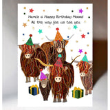 Scottish Birthday card - Illustrated image of highland cows with party hats and text - Here's a happy birthday Mooo!  All the way fae us tae you.  