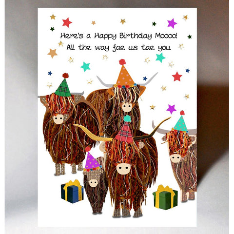 Scottish Birthday card - Illustrated image of highland cows with party hats and text - Here's a happy birthday Mooo!  All the way fae us tae you.  