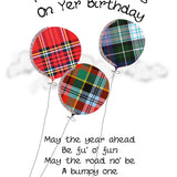 Scottish birthday card incorporating tartan balloons and humorous Scottish slang poem