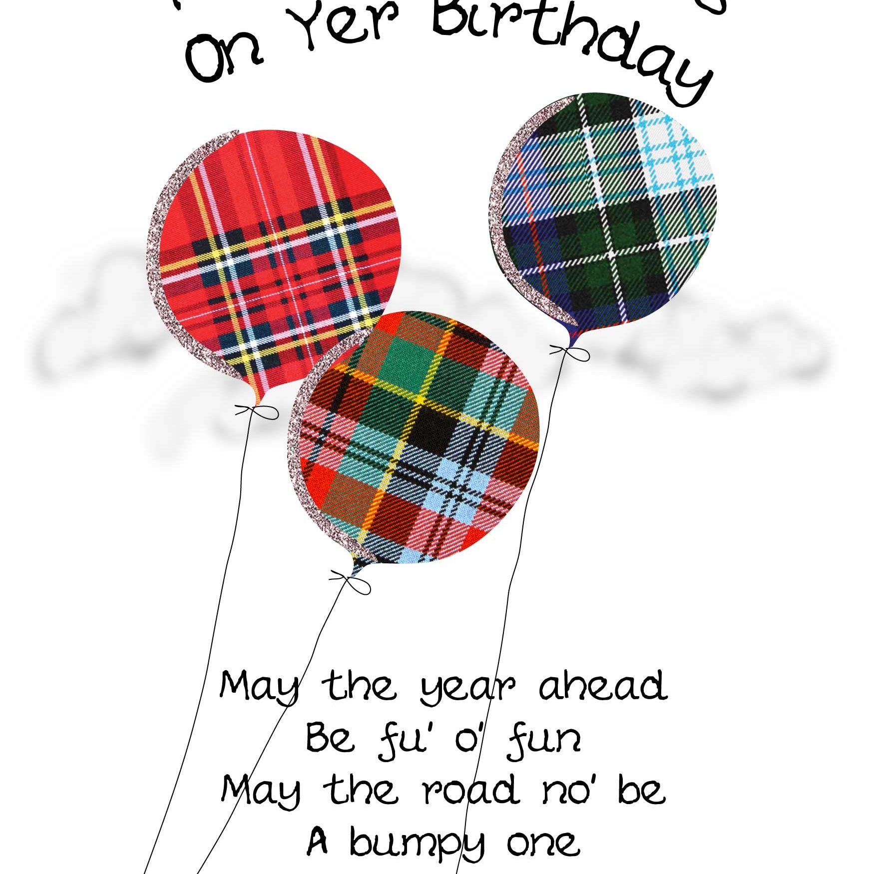 Scottish birthday card incorporating tartan balloons and humorous Scottish slang poem