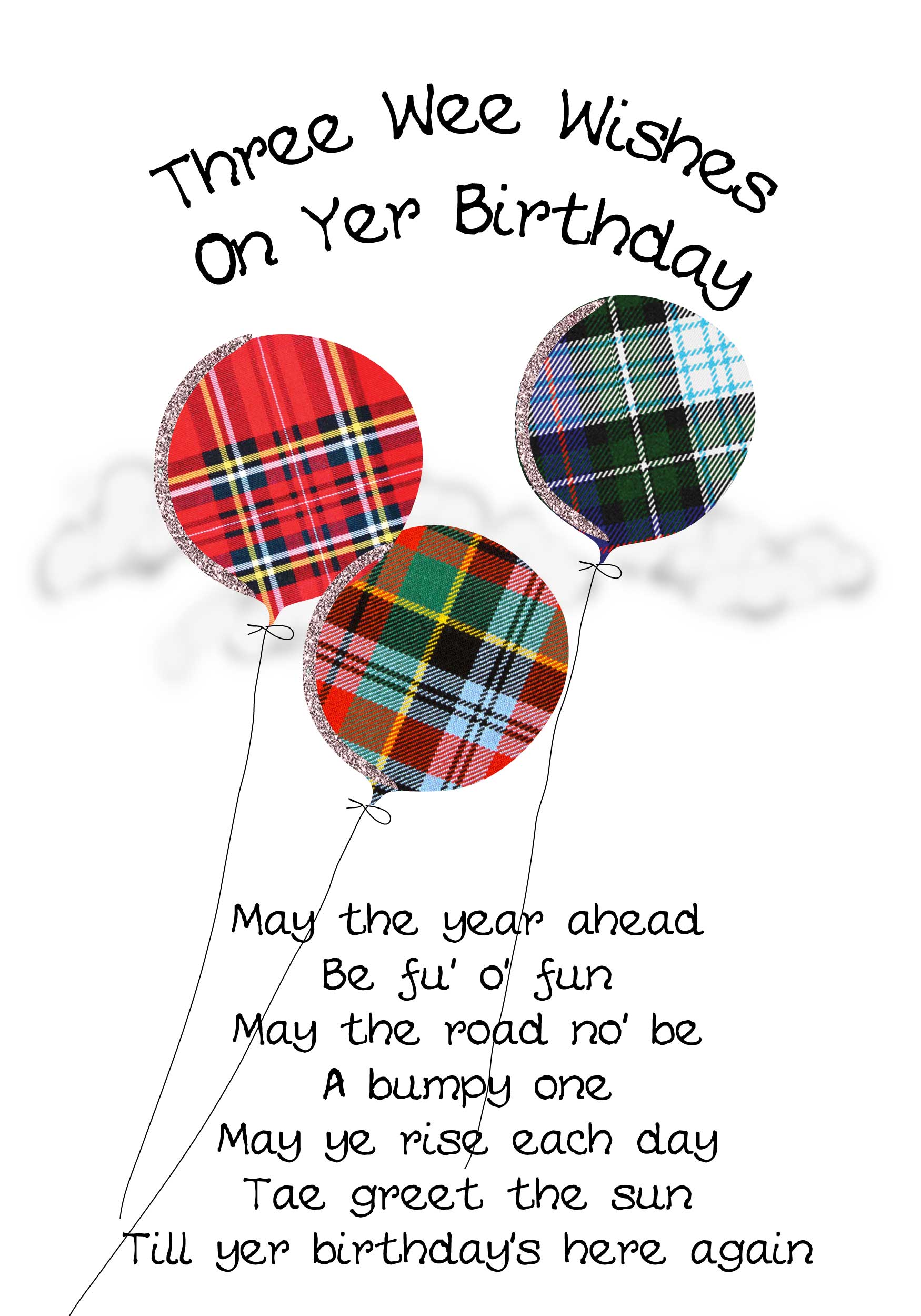 Scottish birthday card incorporating tartan balloons and humorous Scottish slang poem