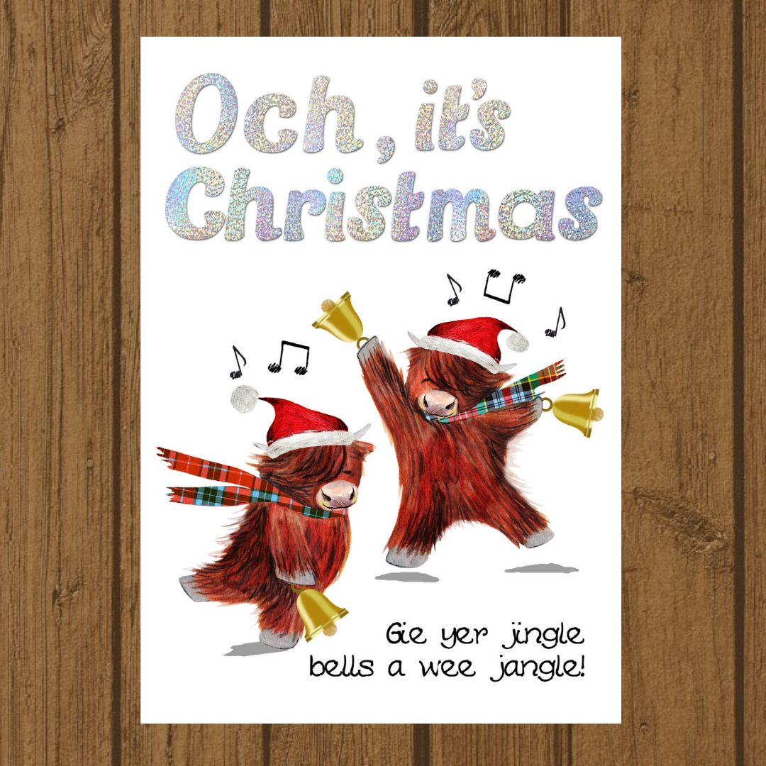 Christmas card featuring two highland cows wearing Santa hats ringing bells with holographic detail