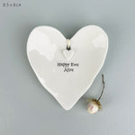 East Of India porcelain ring dish with delicate heart charm detail and wording that says Happy Ever After.