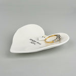 East Of India porcelain ring dish with delicate heart charm detail and wording that says Happy Ever After.
