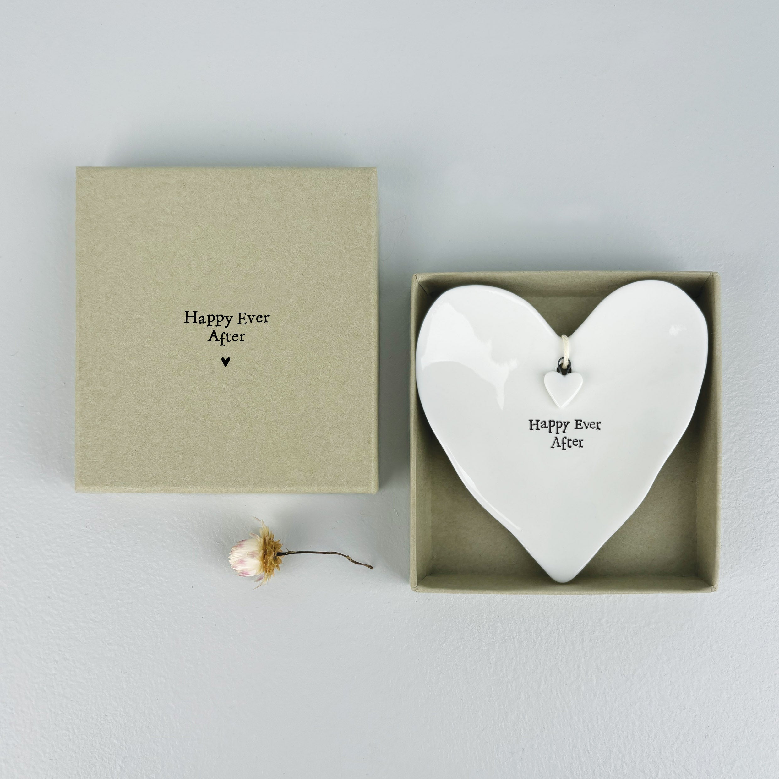 East Of India porcelain ring dish with delicate heart charm detail and wording that says Happy Ever After.