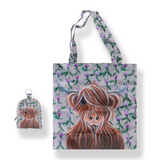 Folding Tote bag (with pouch) with highland cow design on a thistle background