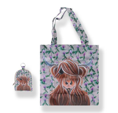 Folding Tote bag (with pouch) with highland cow design on a thistle background