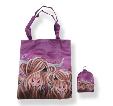 Purple folding shopper with illustration of 2 highland cows
