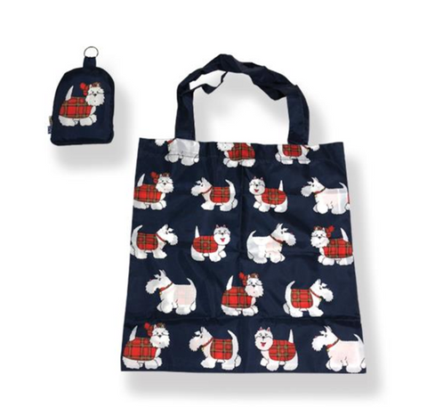 Folding Shopper with pictures of white terrier dogs wearing tartan coats