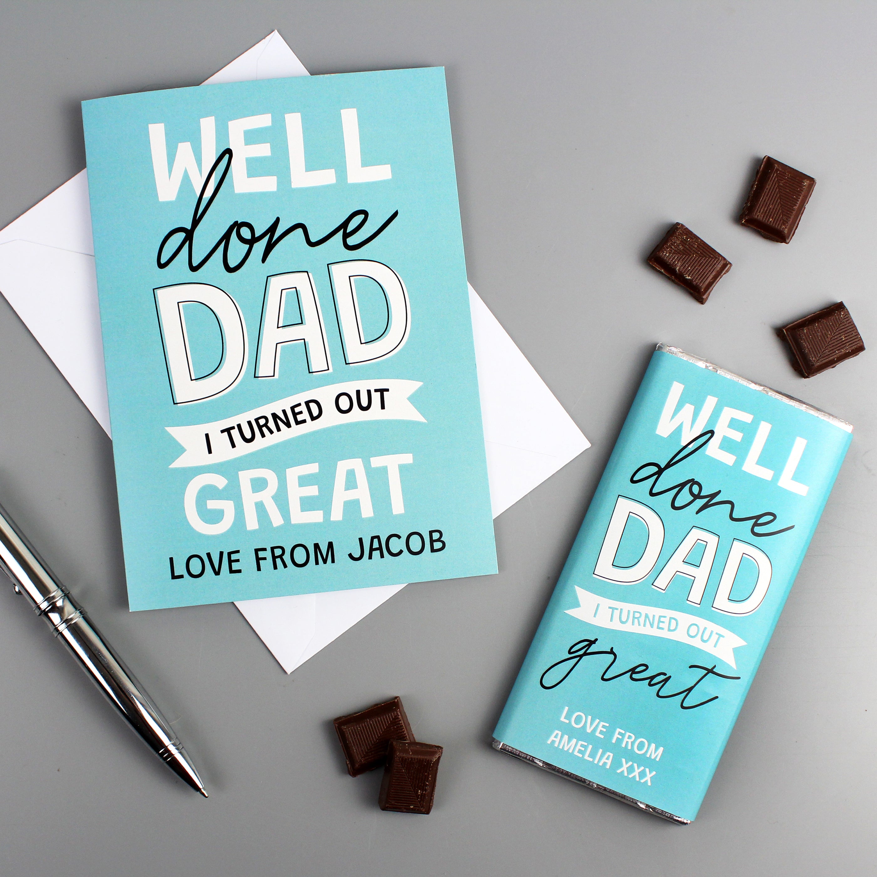 Personalised Father's Day Card - Well Done Dad. With personalisation on the front and inside.