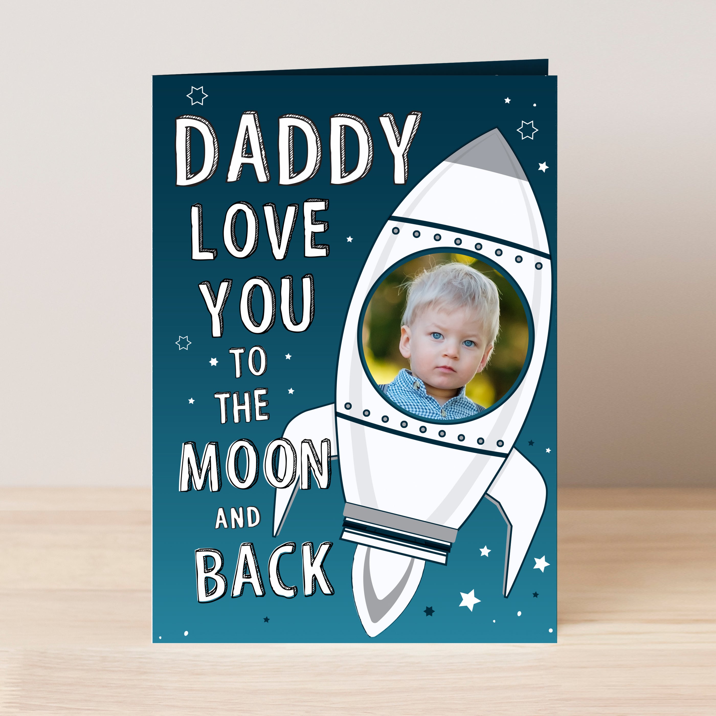 Personalised photo upload card with rocket ship and words - Love You To The Moon And Back