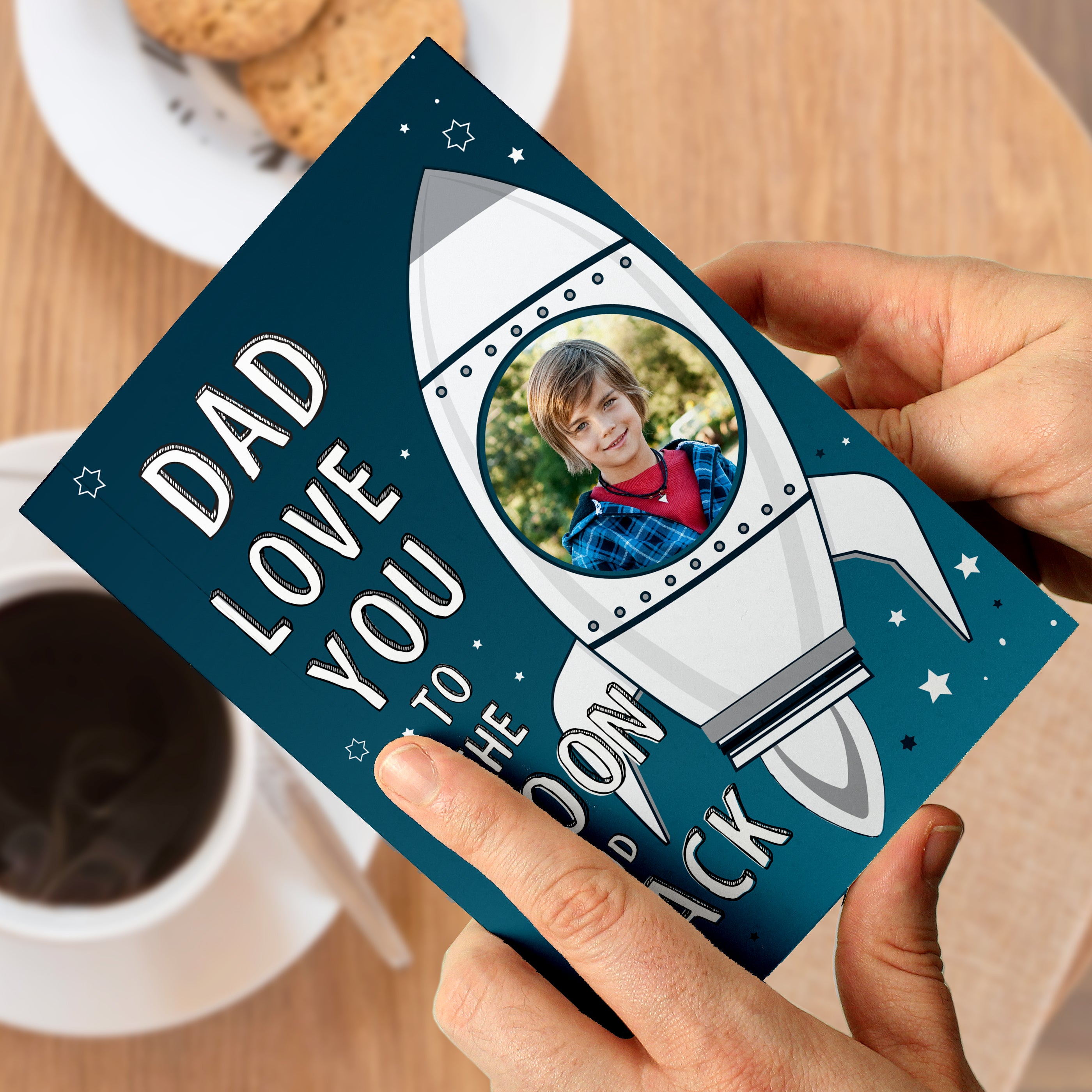 Personalised photo upload card with rocket ship and words - Love You To The Moon And Back