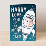 Personalised photo upload card with rocket ship and words - Love You To The Moon And Back