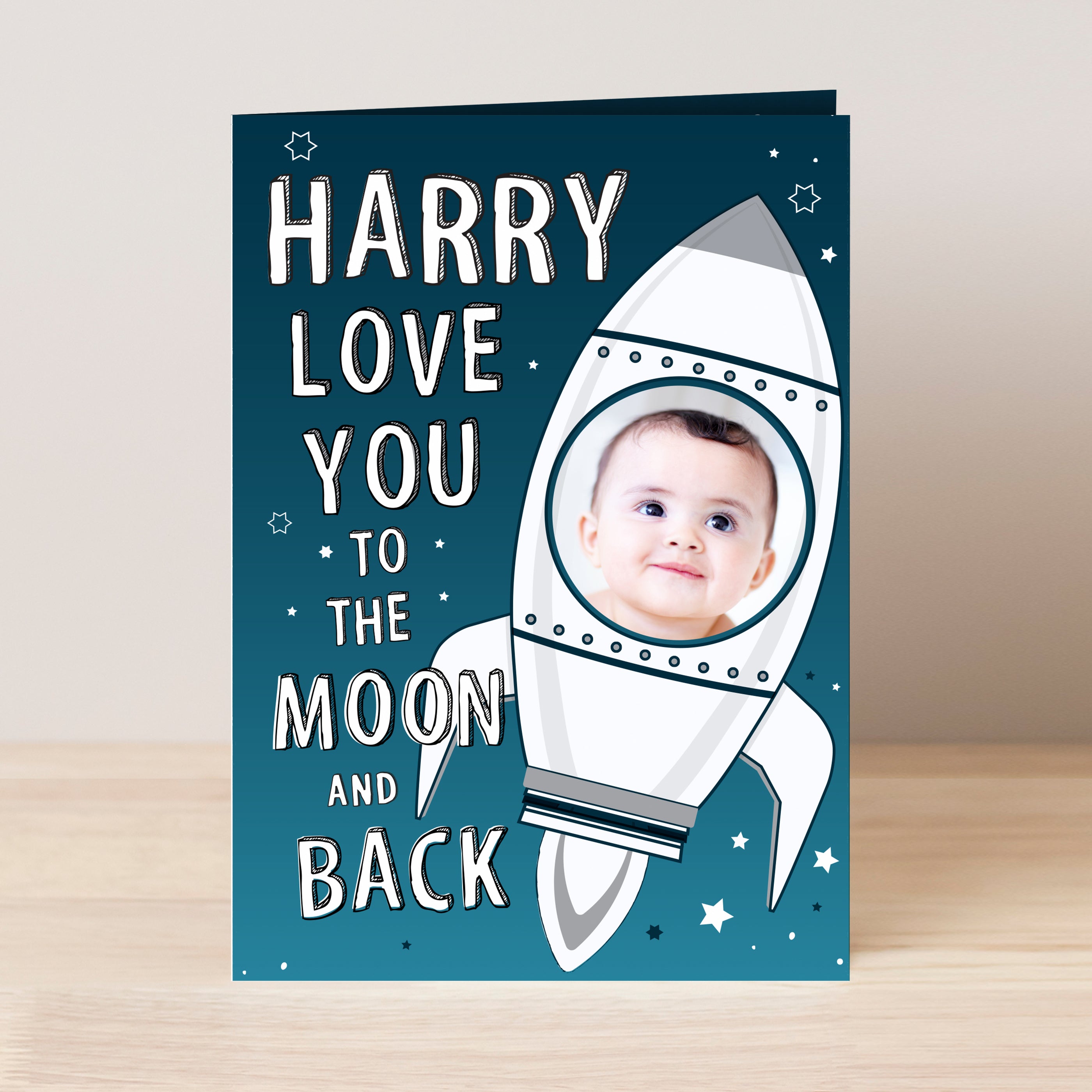 Personalised photo upload card with rocket ship and words - Love You To The Moon And Back