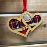 Hanging entwined wooden hearts with tartan insert, lucky sixpence and engraved with Mr & Mrs
