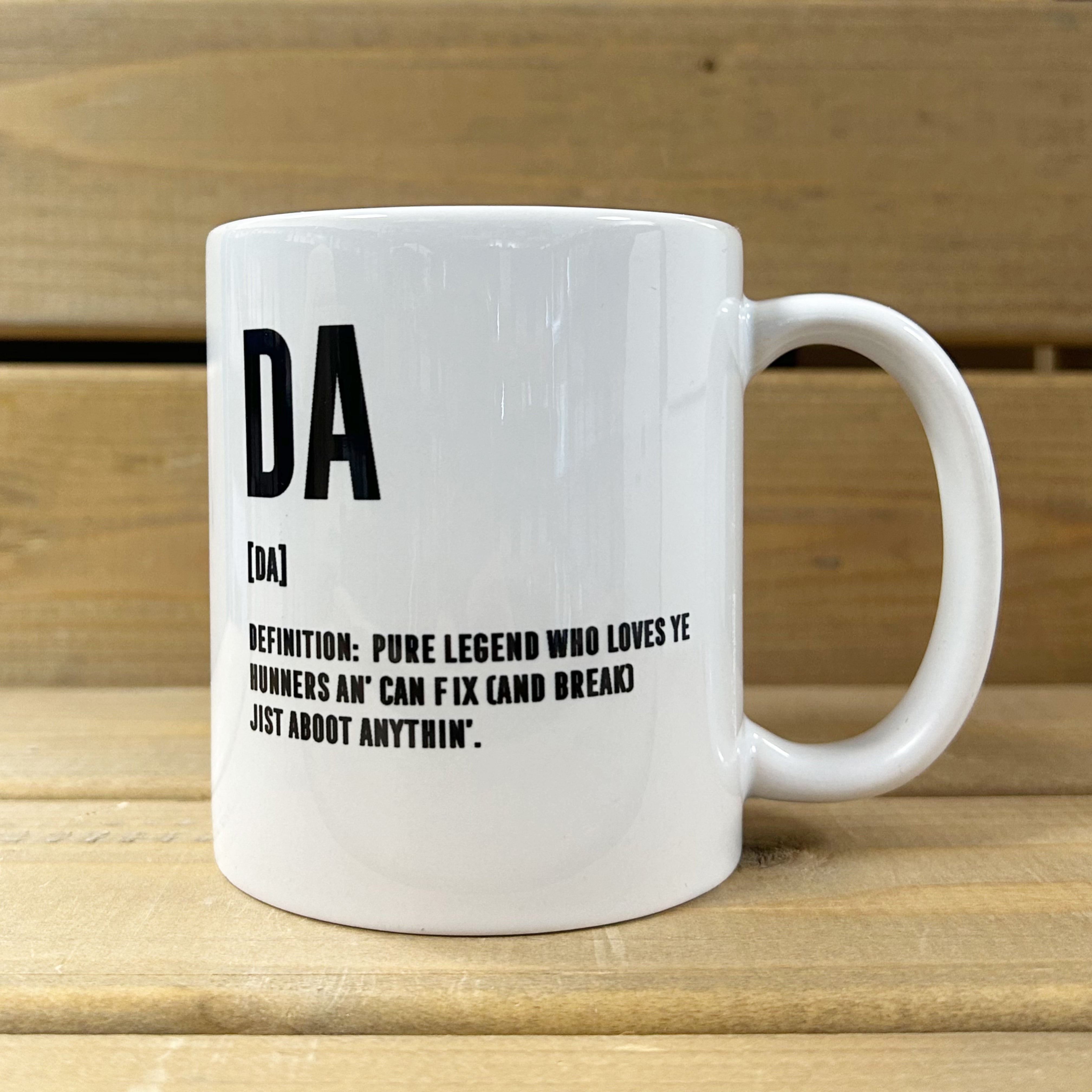 White ceramic 11oz mug with Scottish Da definition in black print.