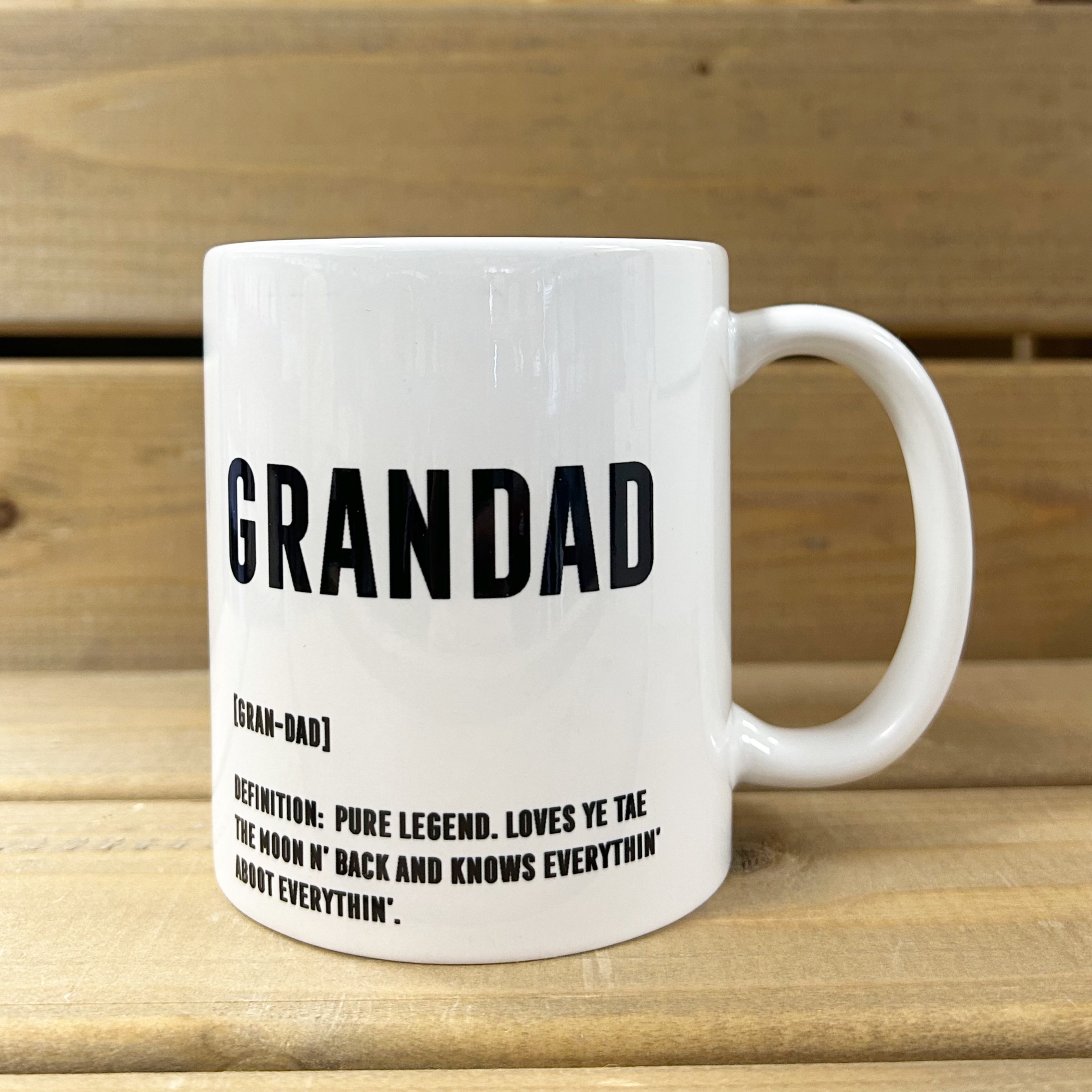White ceramic 11oz mug with Scottish Grandad definition in black print.