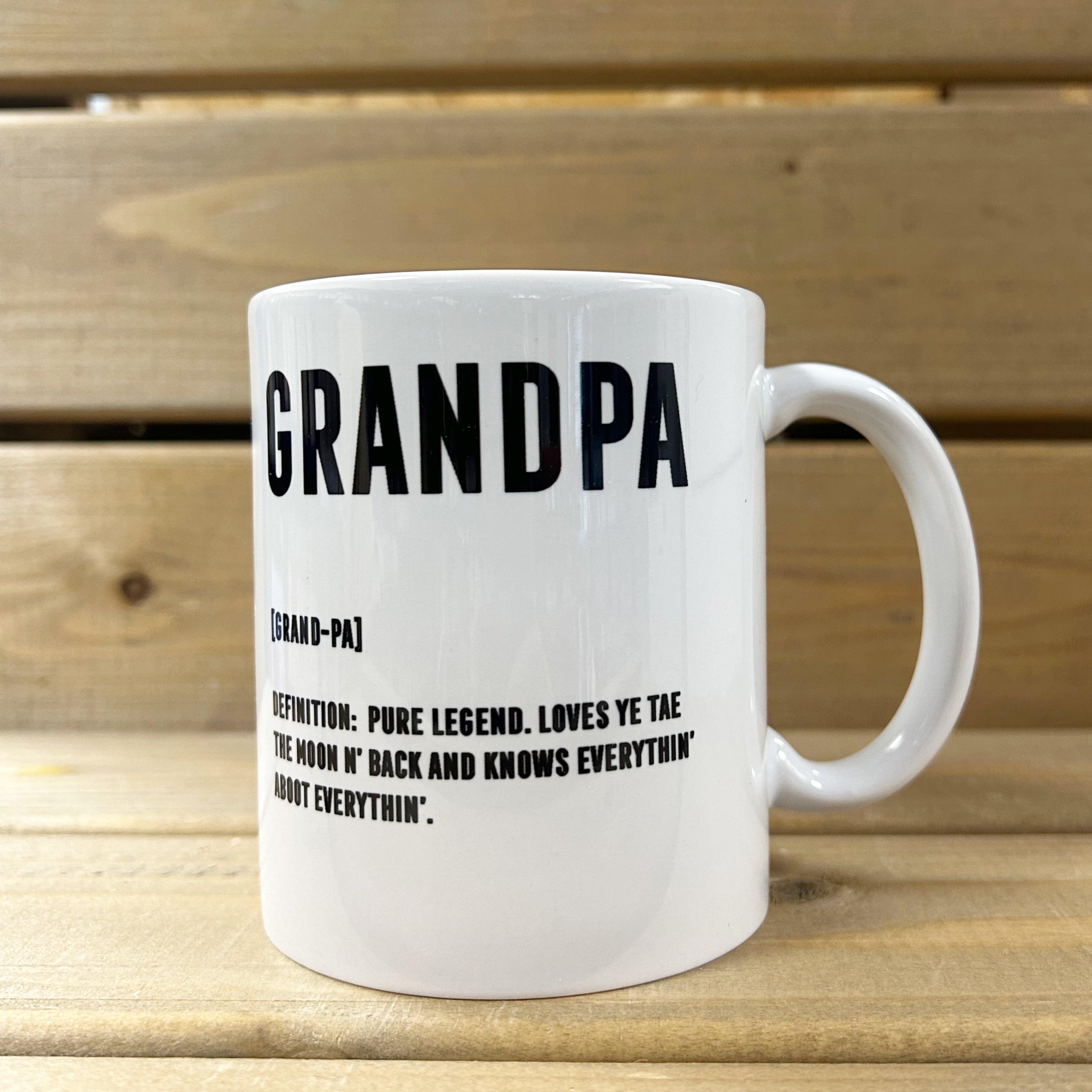 White ceramic 11oz mug with Scottish Grandpa definition in black print.